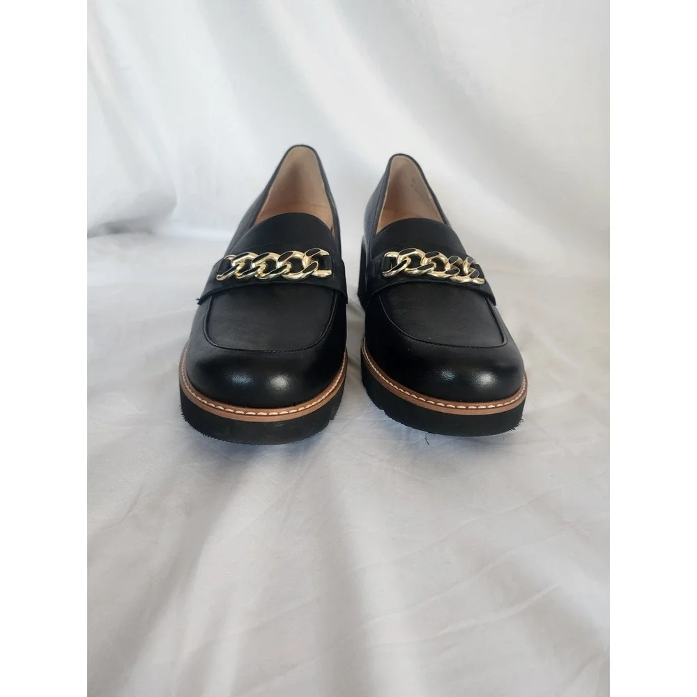 Naturalizer Darry Black Leather Chunky Lug Sole Chain Loafers Womens 12W Wide